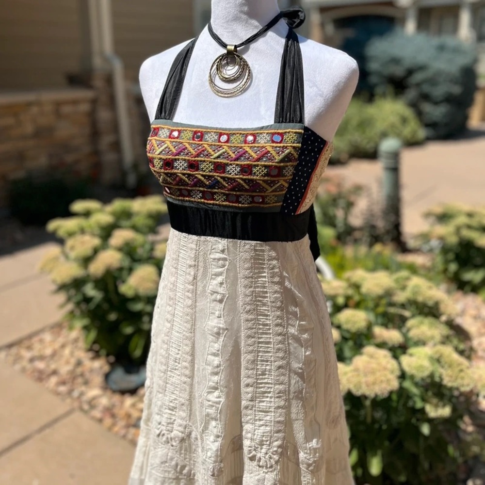 Bohemian Halter Dress with Embroidered Bodice